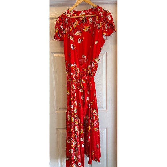 Free People Dresses & Skirts - Free People Wrap Dress Women Large Red Floral Flutter Sleeve V-Neck Maxi Boho
